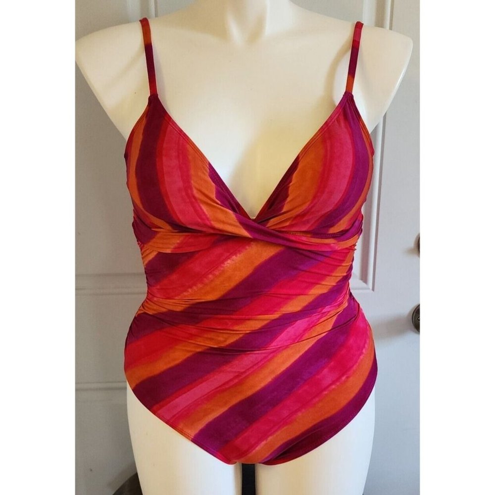 Lauren Ralph Lauren Women's One Piece V Neck Ruched Swimsuit Pink Striped Sz XS